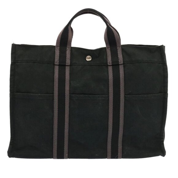 HERMES Fourre Tout MM Hand Bag Canvas Black Gray Auth ti1602 - Picture 1 of 14